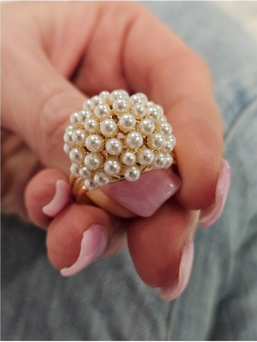 Gold Pearl Cluster Cocktail Ring - White faux pearl gold-tone 8